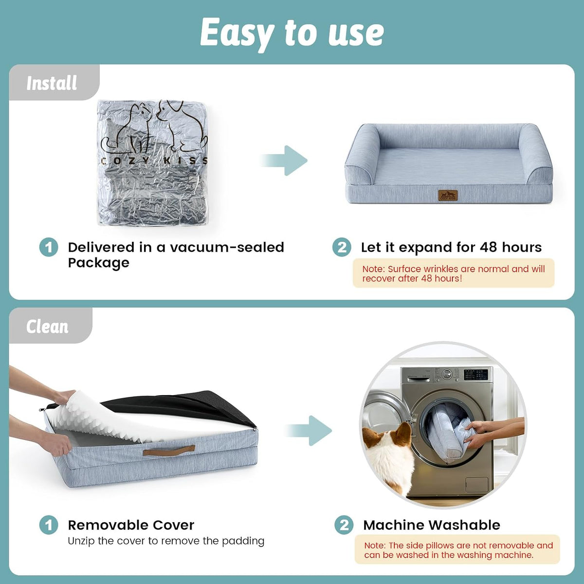Instructions for using a pet bed with vacuum-sealed packaging, expansion, and machine washing at Pet Servo