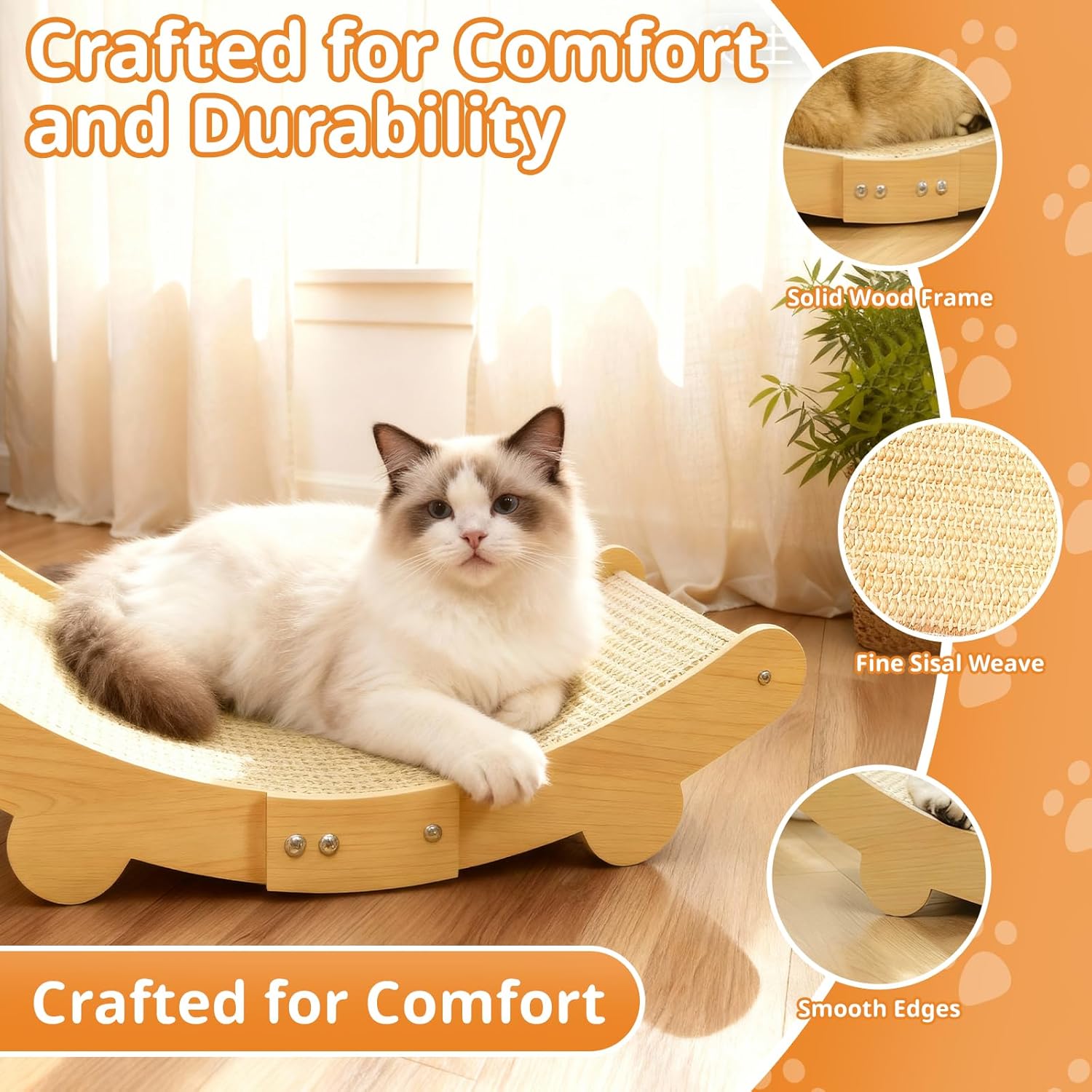 Cat lying on a wooden pet ramp with comfort and durability features highlighted at Pet Servo