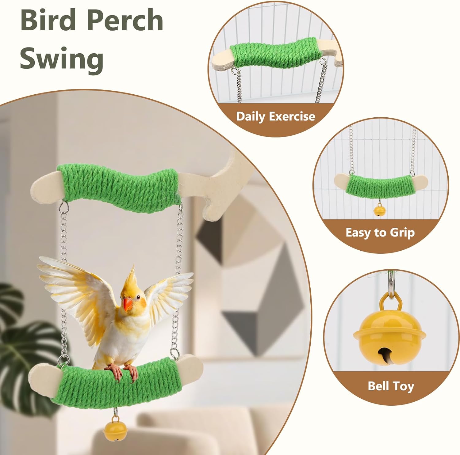 Bird perch swing with green woven surface and bell toy, featuring text on benefits at Pet Servo
