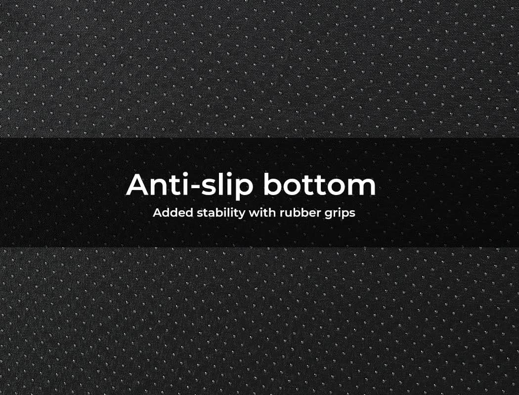 A close-up of a black textured fabric with a fine dotted pattern, featuring a central black banner with white text that reads 'Anti-slip bottom' and 'Added stability with rubber grips' at Pet Servo