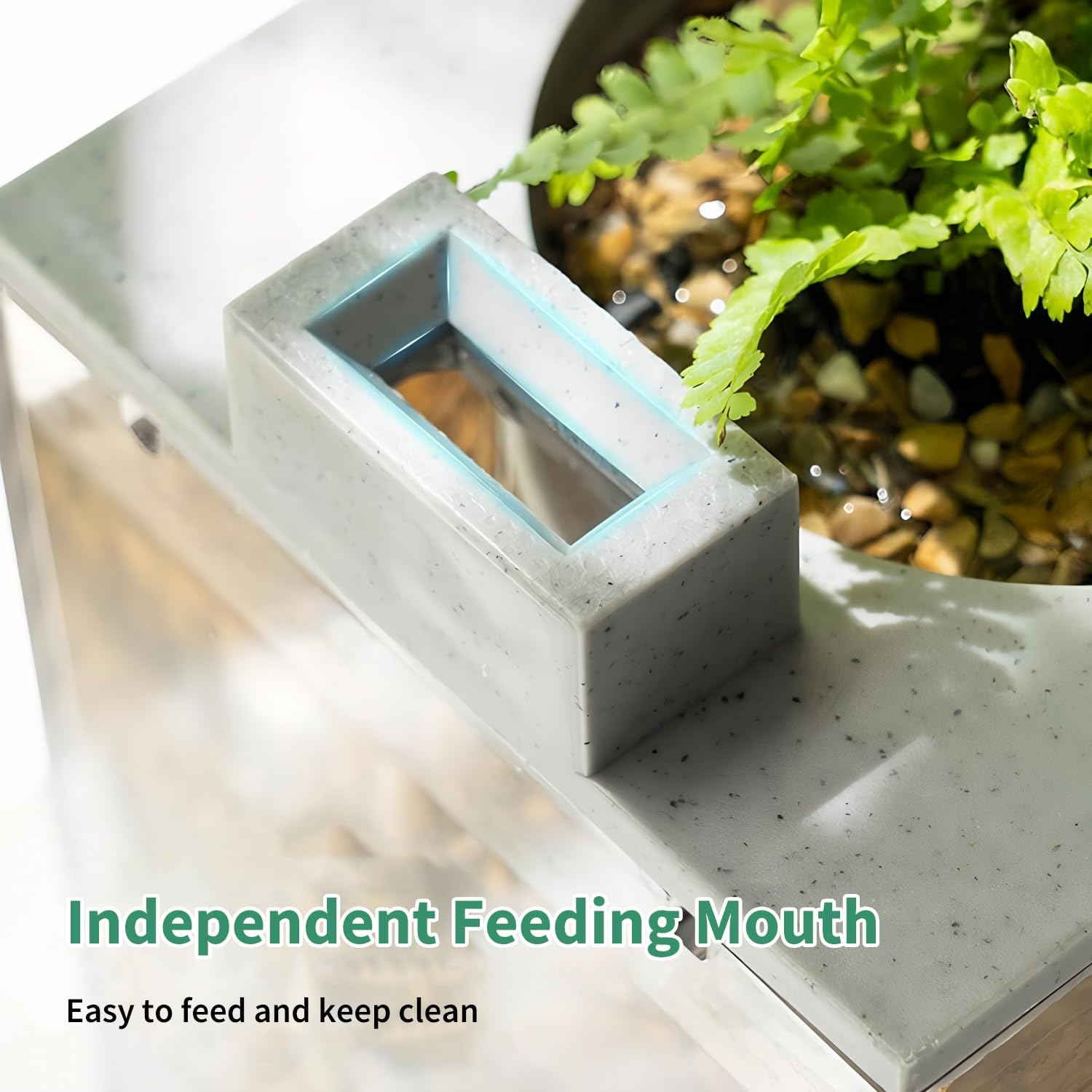 Concrete bird feeder with independent feeding mouth design, placed on a surface with a blurred background.