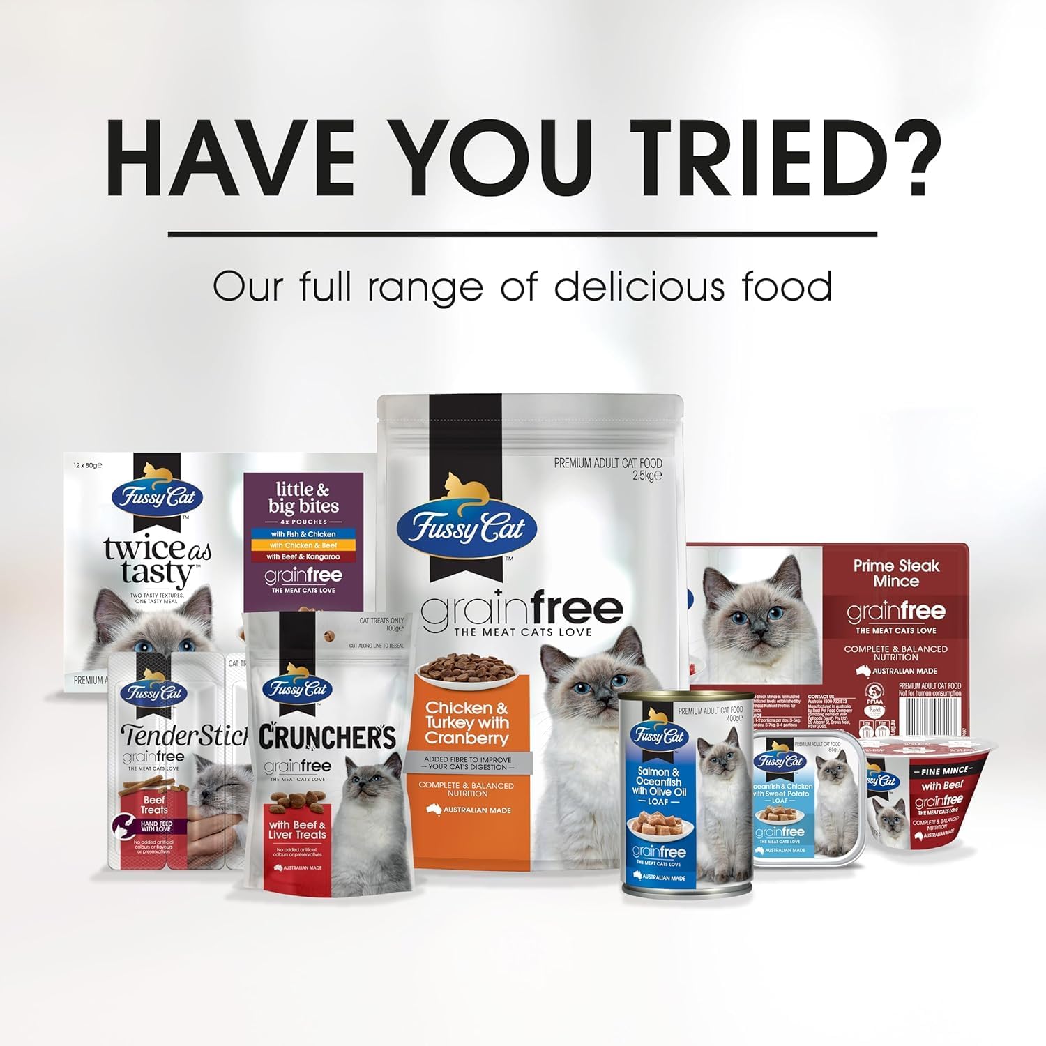 Assorted Fussy Cat pet food products on a white background with text asking 'Have you tried?'