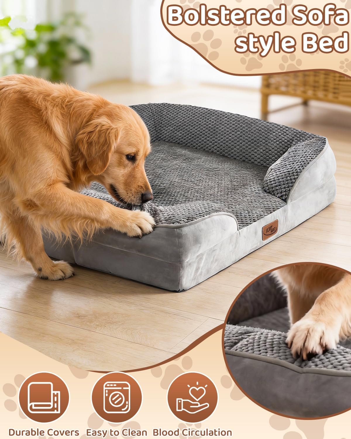 Dog interacting with a bolstered sofa-style pet bed on a wooden floor at Pet Servo