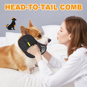 Dog wearing a head-to-tail comb with a woman petting it on a bed at Pet Servo