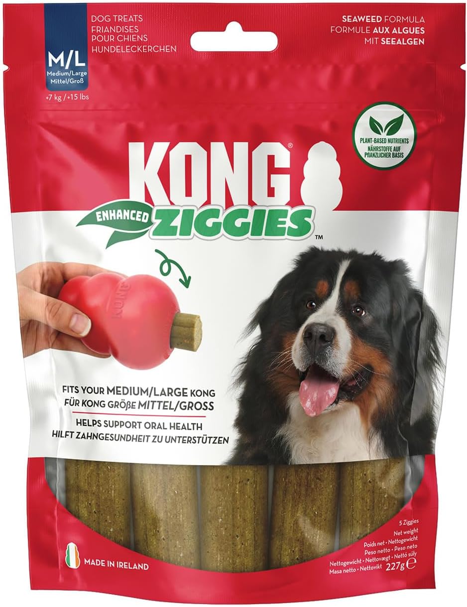 A package of Kong Enhanced Ziggies dog treats, featuring a red and white bag with a picture of a Bernese mountain dog and a hand holding a pink treat toy. The treats are visible through a clear window at the bottom at Pet Servo