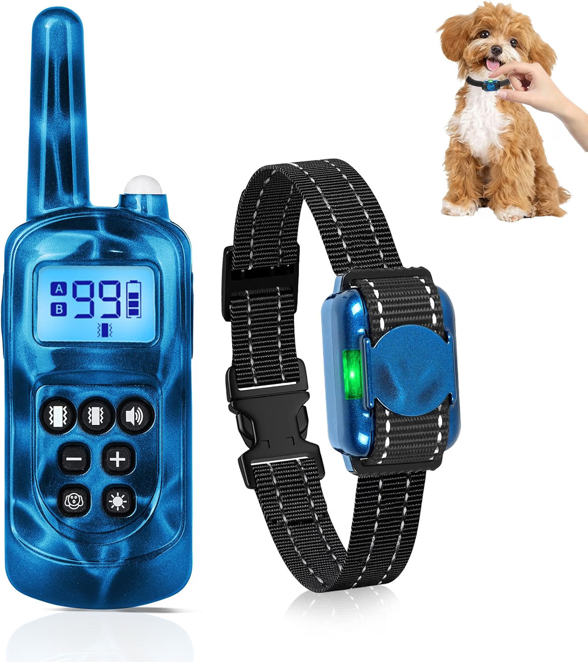 Blue electronic dog training collar with remote control on a white background