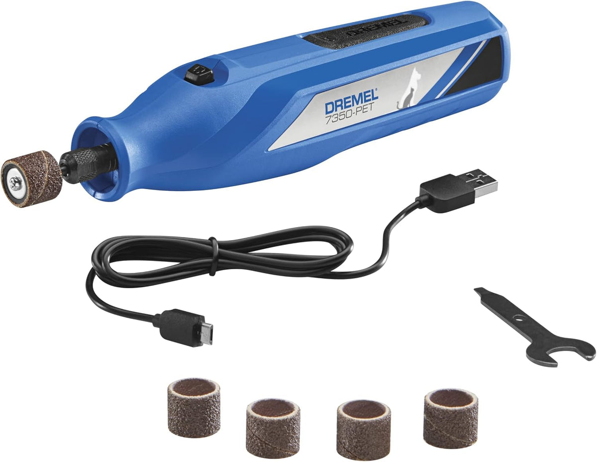 Blue Dremel tool with attachments on a white background