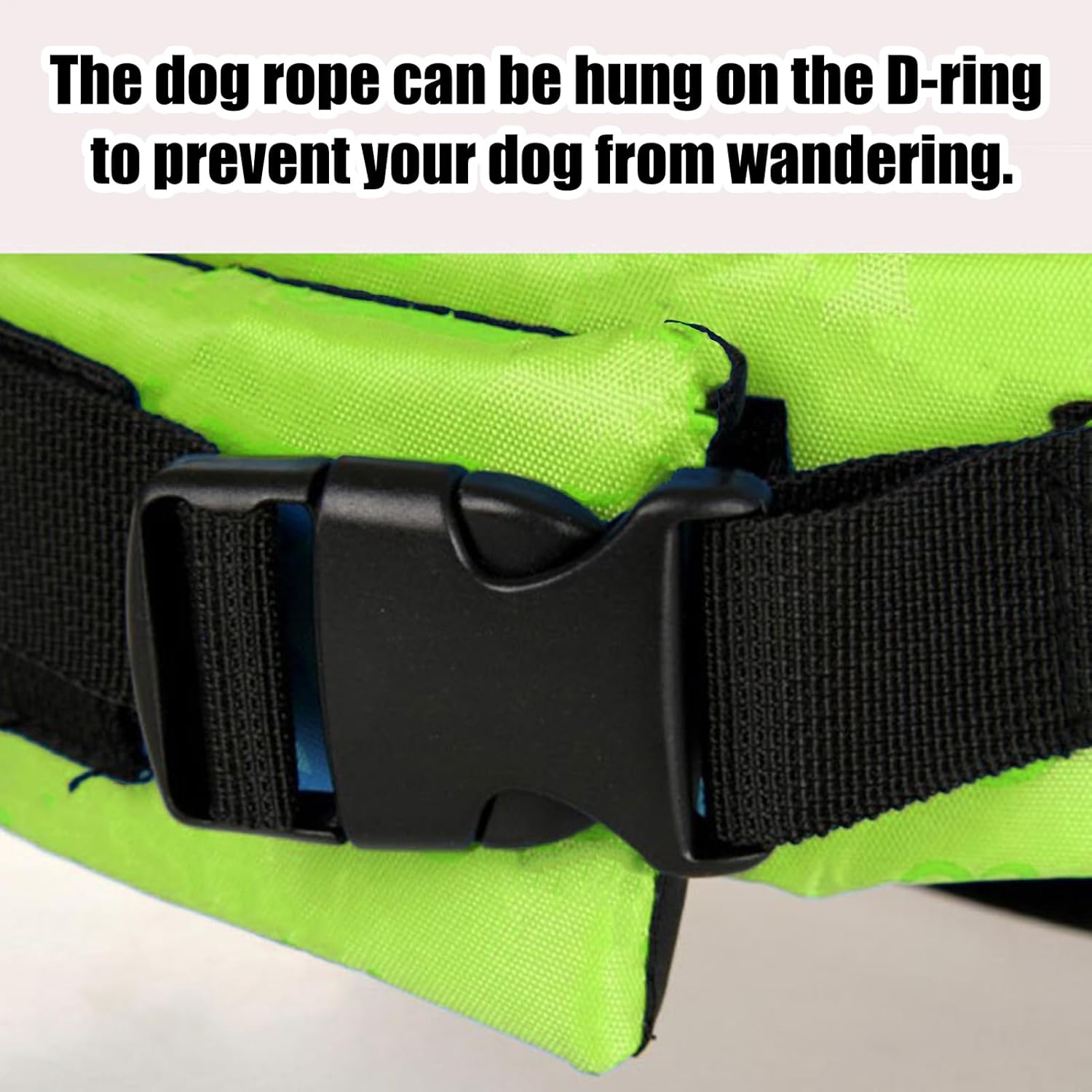 Green dog life jacket with black D-ring and strap on a light gray background at Pet Servo