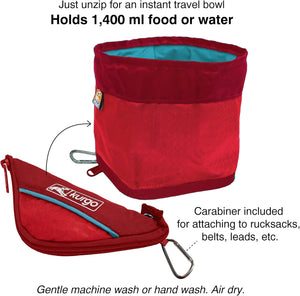 Red travel bowl with carabiner attachment on a white background at Pet Servo