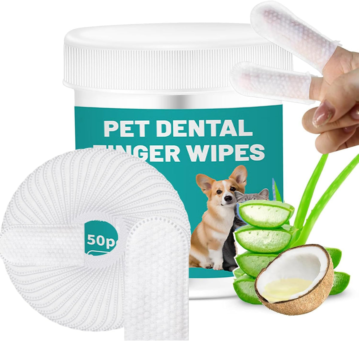 A jar of pet dental finger wipes with a white lid and teal label, shown alongside several white textured finger wipes, a rolled-up wipe, and ingredient graphics including aloe vera and coconut. A hand is holding two wipes, and a dog and cat are pictured on the jar label at Pet Servo
