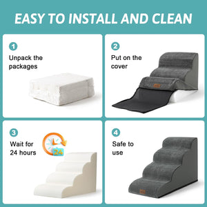 Step-by-step guide on how to install and use a pet stair set with text 'Easy to Install and Clean' at Pet Servo