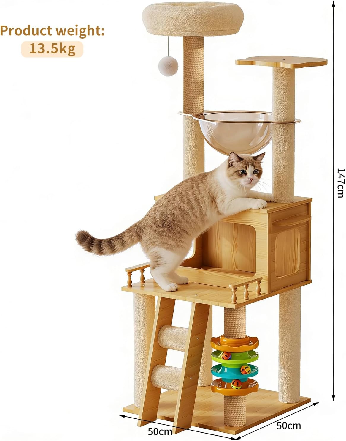 Cat playing on a wooden cat tree with dimensions and weight information displayed at Pet Servo