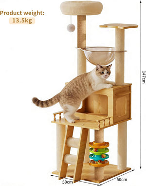 Cat playing on a wooden cat tree with dimensions and weight information displayed at Pet Servo