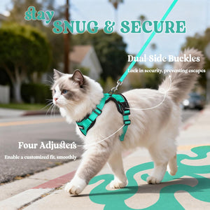 Cat walking on a leash with a green harness, text 'Stay Snug & Secure' and product features at Pet Servo