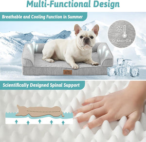 A multi-functional dog bed shown in a snowy outdoor scene with a white French bulldog lying on it, plus a close-up of a hand pressing a white textured cushion. Text highlights breathable cooling in summer and spinal support, with a temperature-performance inset and a foam cross-section diagram at Pet Servo