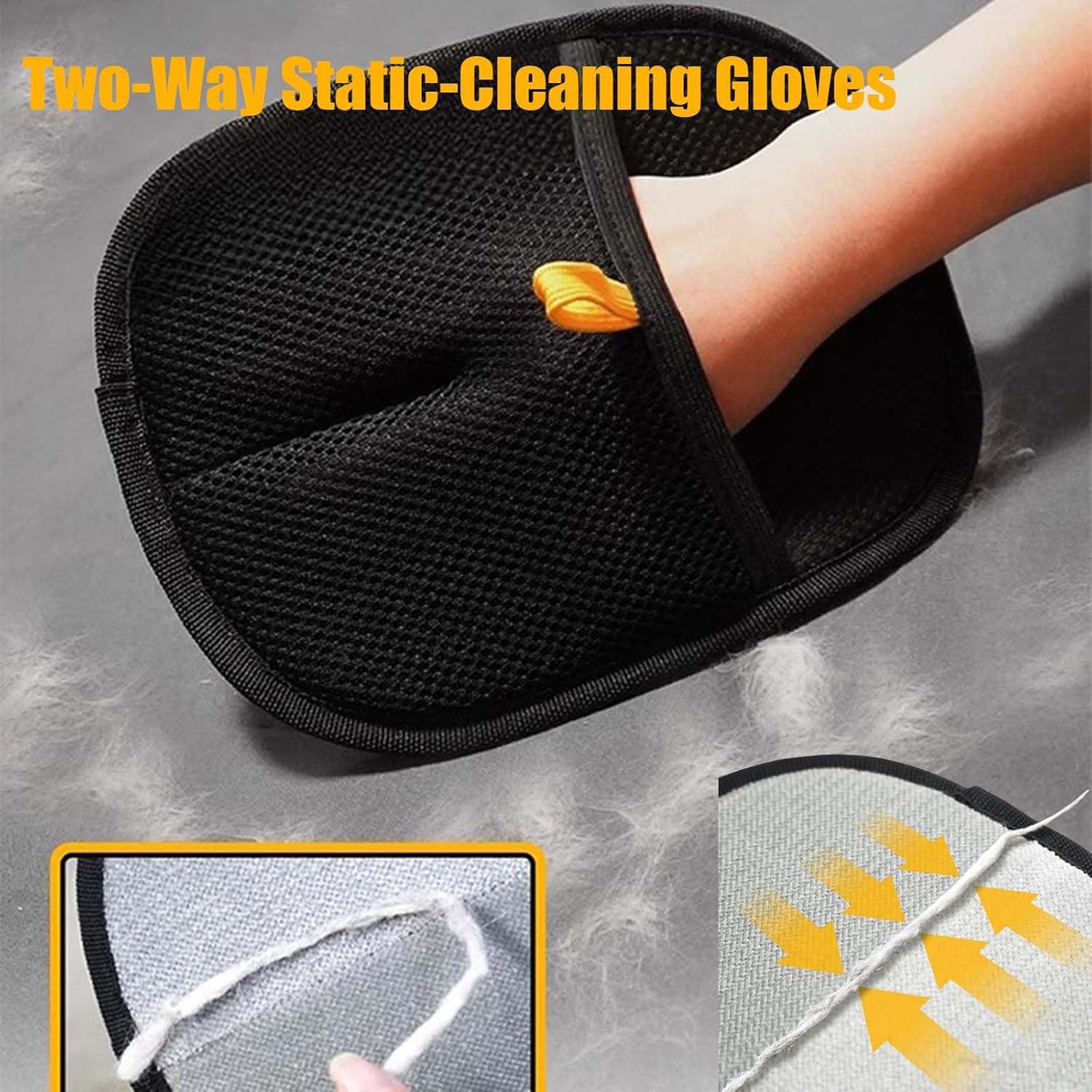 Black two-way static-cleaning glove with text and inset images on a gray background at Pet Servo