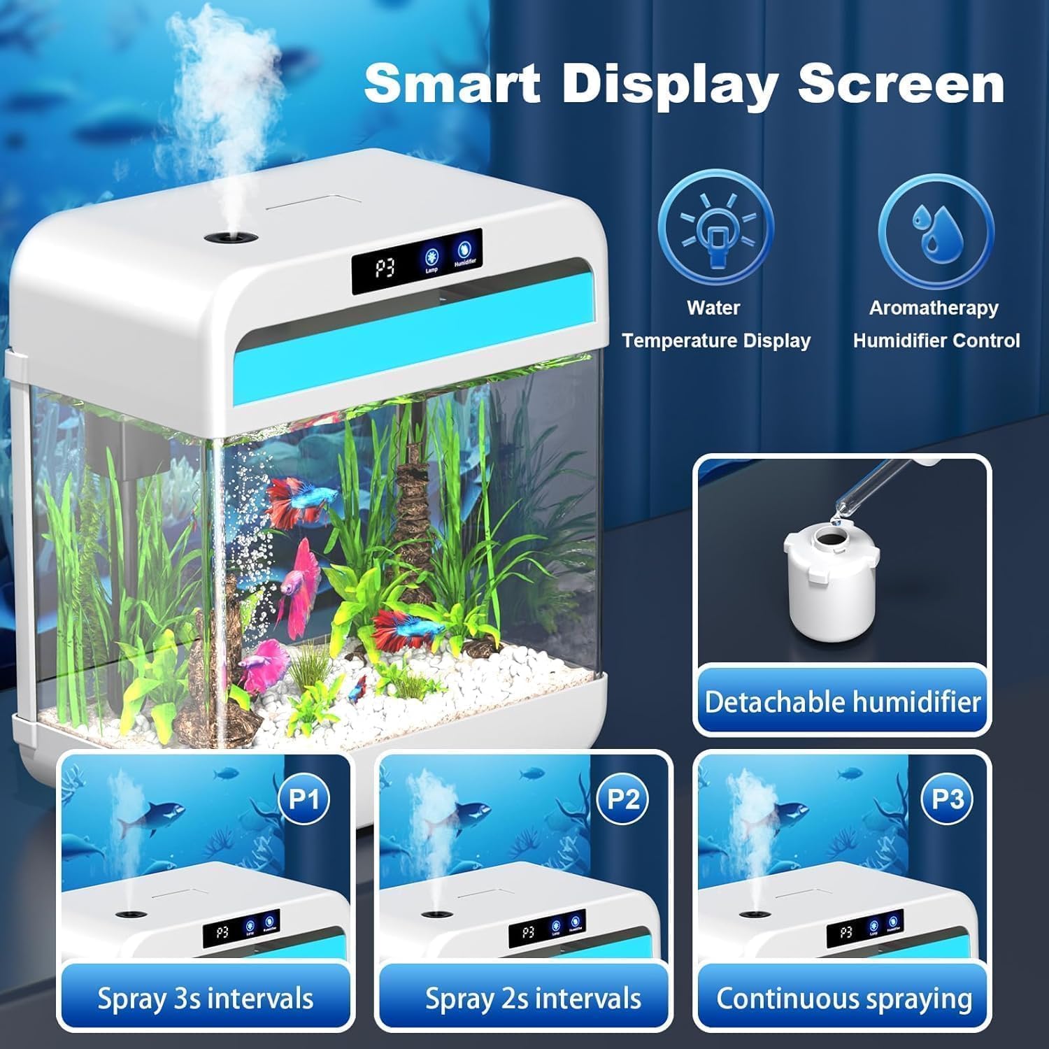Smart aquarium with display screen, water temperature display, aromatherapy, and humidifier control features.