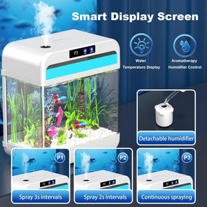 Smart aquarium with display screen, water temperature display, aromatherapy, and humidifier control features.