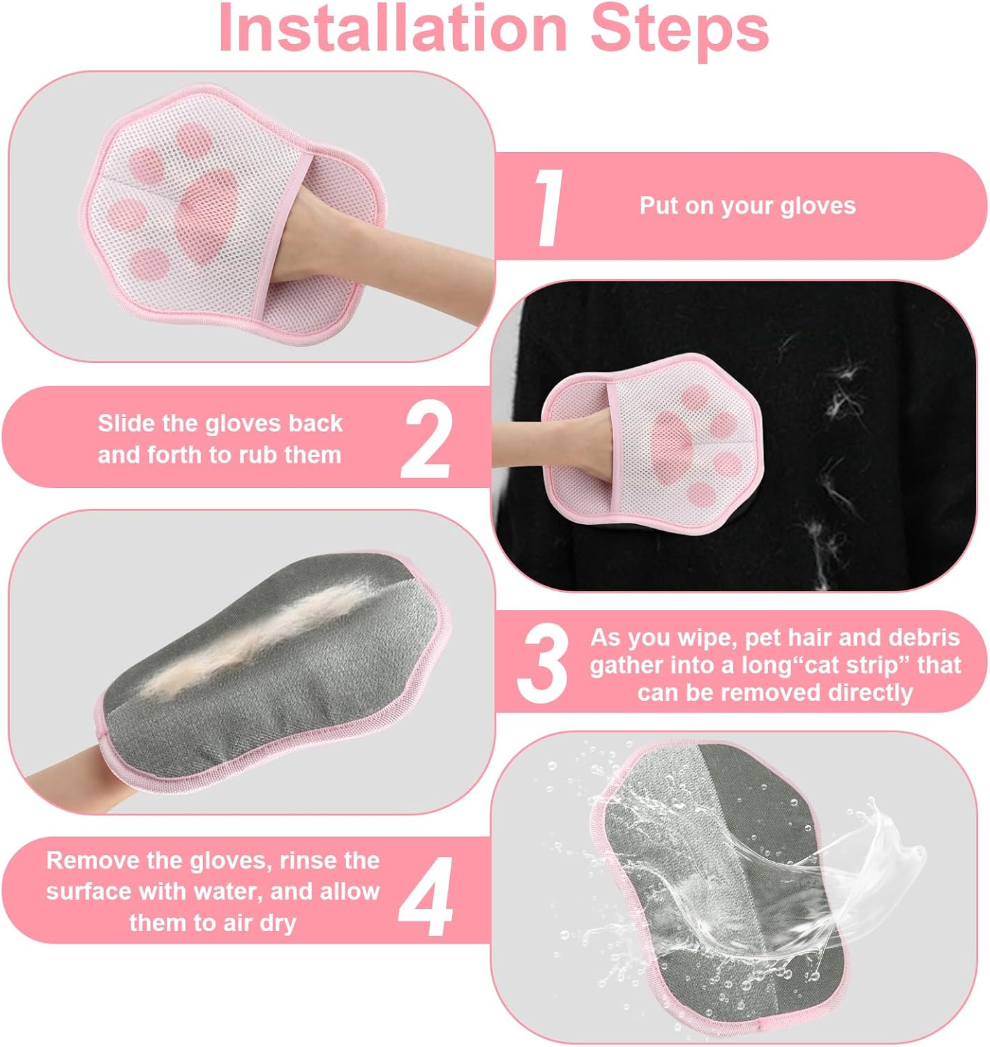 Step-by-step guide on using pet grooming gloves with text instructions at Pet Servo