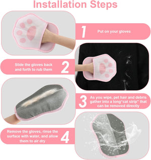 Step-by-step guide on using pet grooming gloves with text instructions at Pet Servo