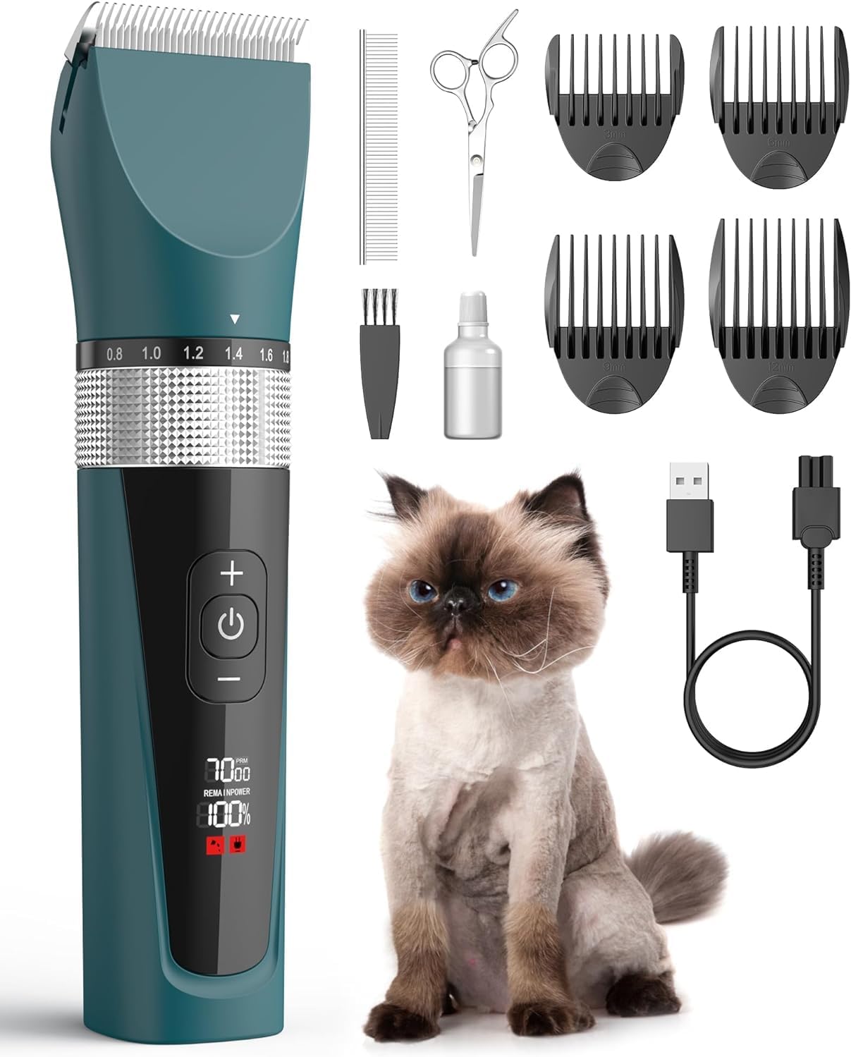 Pet grooming kit with a cat, including a trimmer, attachments, and USB cable on a white background at Pet Servo