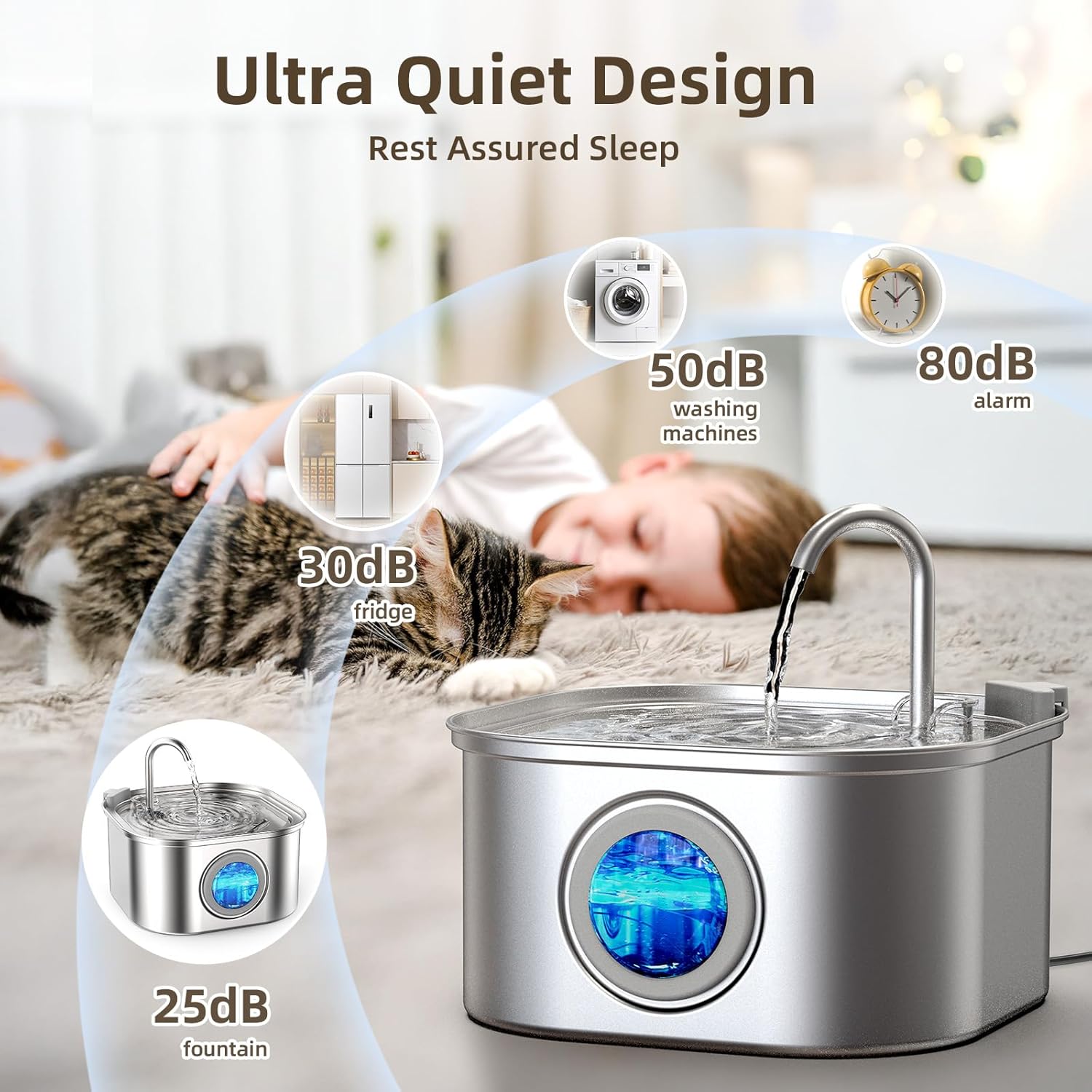 Stainless steel pet water fountain withdB level indicators and a cat on a bed at Pet Servo