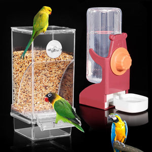 Bird feeder with birds and a water dispenser on a reflective surface at Pet Servo