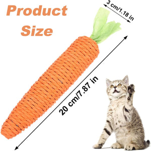 Cat toy shaped like a carrot with measurements and a cat sitting next to it on a white background at Pet Servo