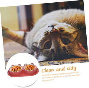 A cat lying on its back with a double-compartment pet food and water bowl in red shown in a circular inset. The image includes marketing text reading 'Clean and tidy' and a close-up photo of the cat at Pet Servo