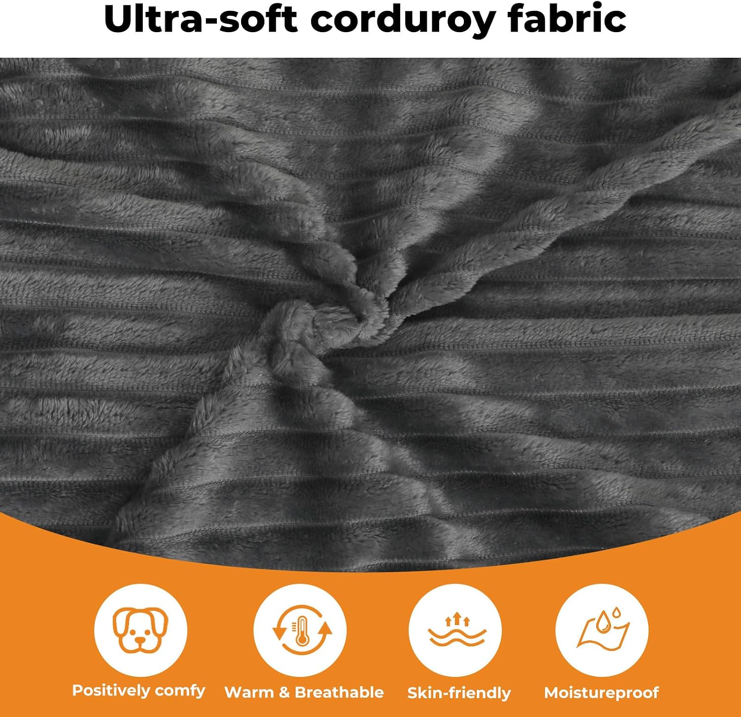 Close-up of ultra-soft corduroy fabric with features listed below at Pet Servo