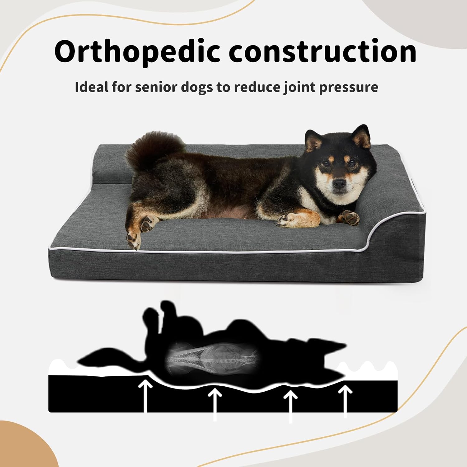 Dog lying on an orthopedic dog bed with text about its benefits for senior dogs at Pet Servo