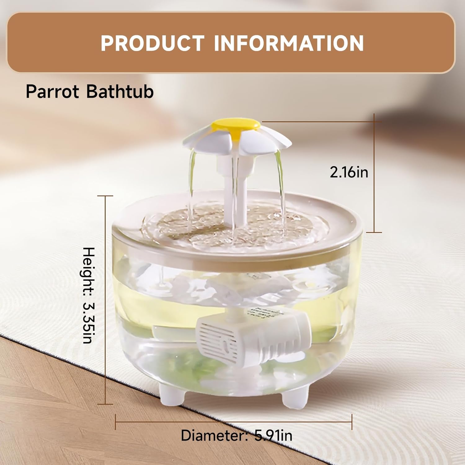 Parrot bathtub with dimensions on a light background at Pet Servo