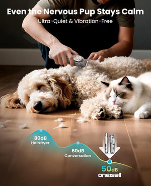 Dog and cat lying on the floor with a person using a device, labeled 'Ultra-Quiet & Vibration-Free' at Pet Servo