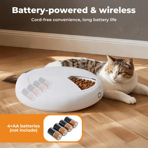 Cat next to a battery-powered wireless pet feeder on a wooden floor at Pet Servo