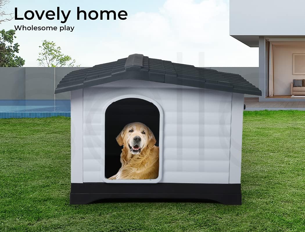 A white and black dog house with a golden retriever sitting inside on a green lawn, with a modern house and pool in the background. Text in the top left reads 'Lovely home Wholesome play' at Pet Servo