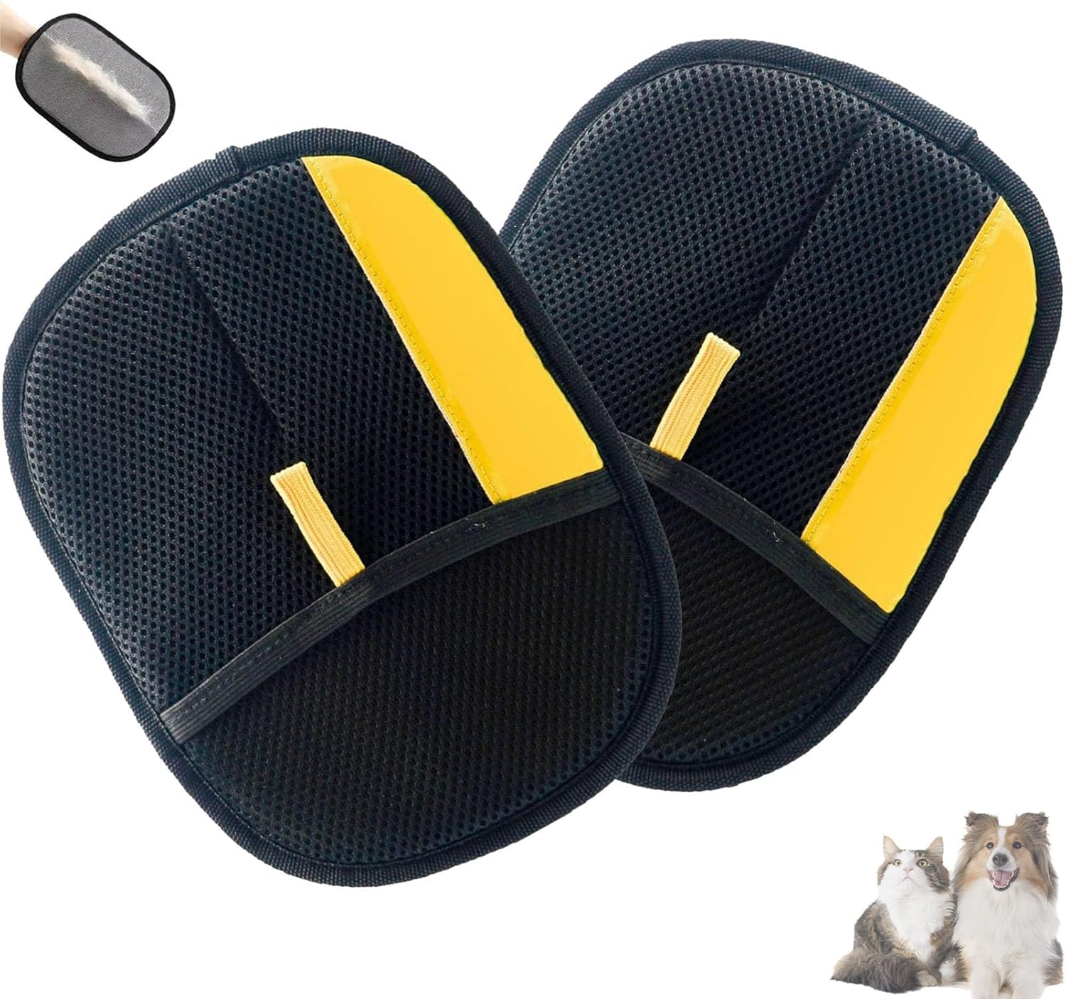 Two black and yellow pet seat covers with a grooming tool and two dogs on a white background at Pet Servo