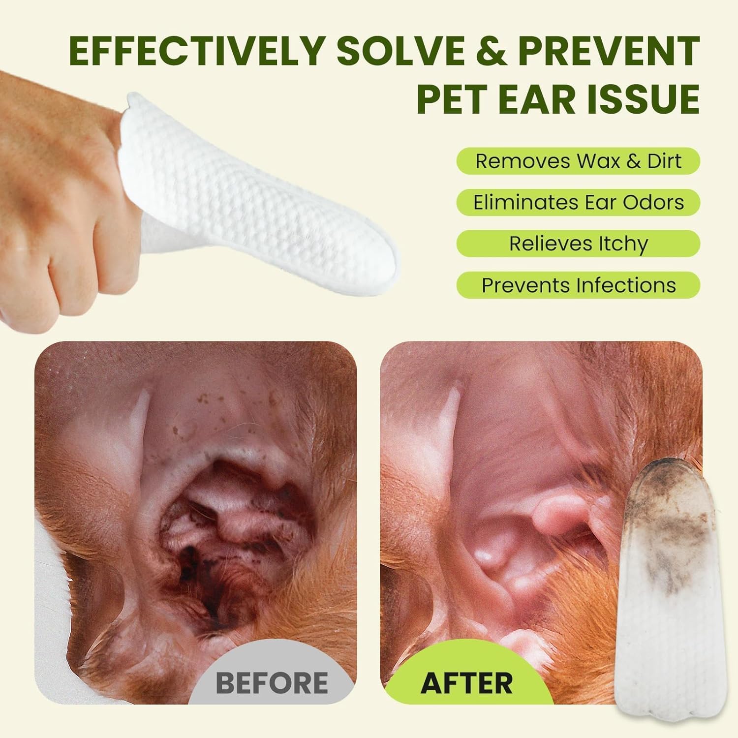 Product for cleaning pet ears with 'before' and 'after' images on a green background at Pet Servo
