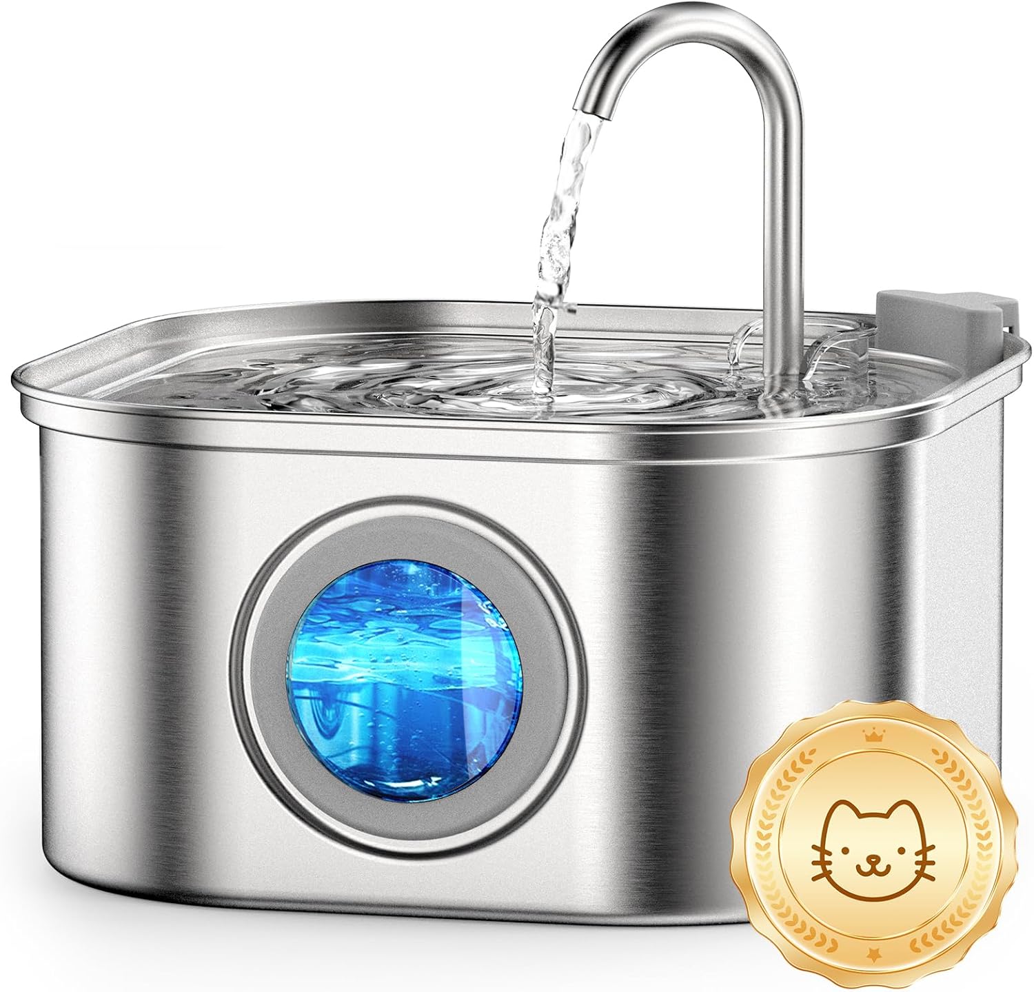 Stainless steel pet water fountain with water flowing, gold seal badge on a white background at Pet Servo