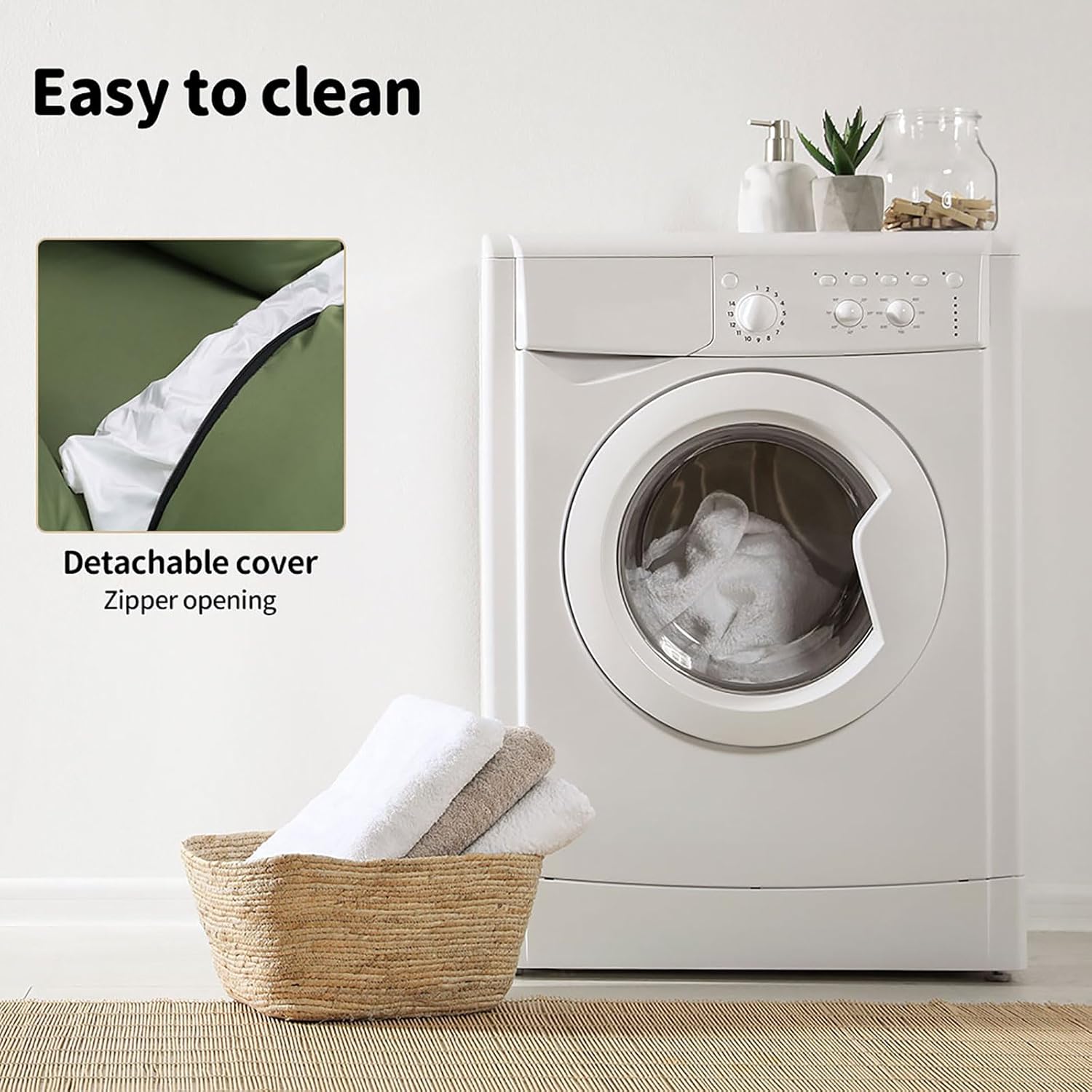 White washing machine with a detachable cover and zipper opening feature, next to a basket of clean clothes at Pet Servo