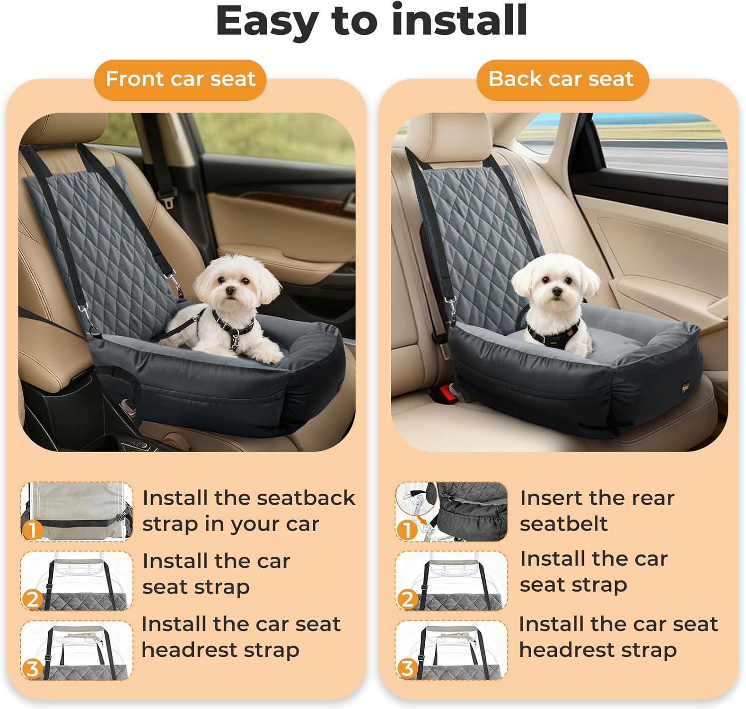 An instructional graphic showing a pet car seat installed in both front and back car seats, with a small white dog sitting in the seat. The graphic includes step-by-step installation instructions and photos of the product being attached to car seat belts and headrests at Pet Servo