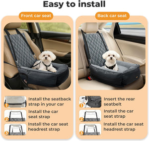 An instructional graphic showing a pet car seat installed in both front and back car seats, with a small white dog sitting in the seat. The graphic includes step-by-step installation instructions and photos of the product being attached to car seat belts and headrests at Pet Servo