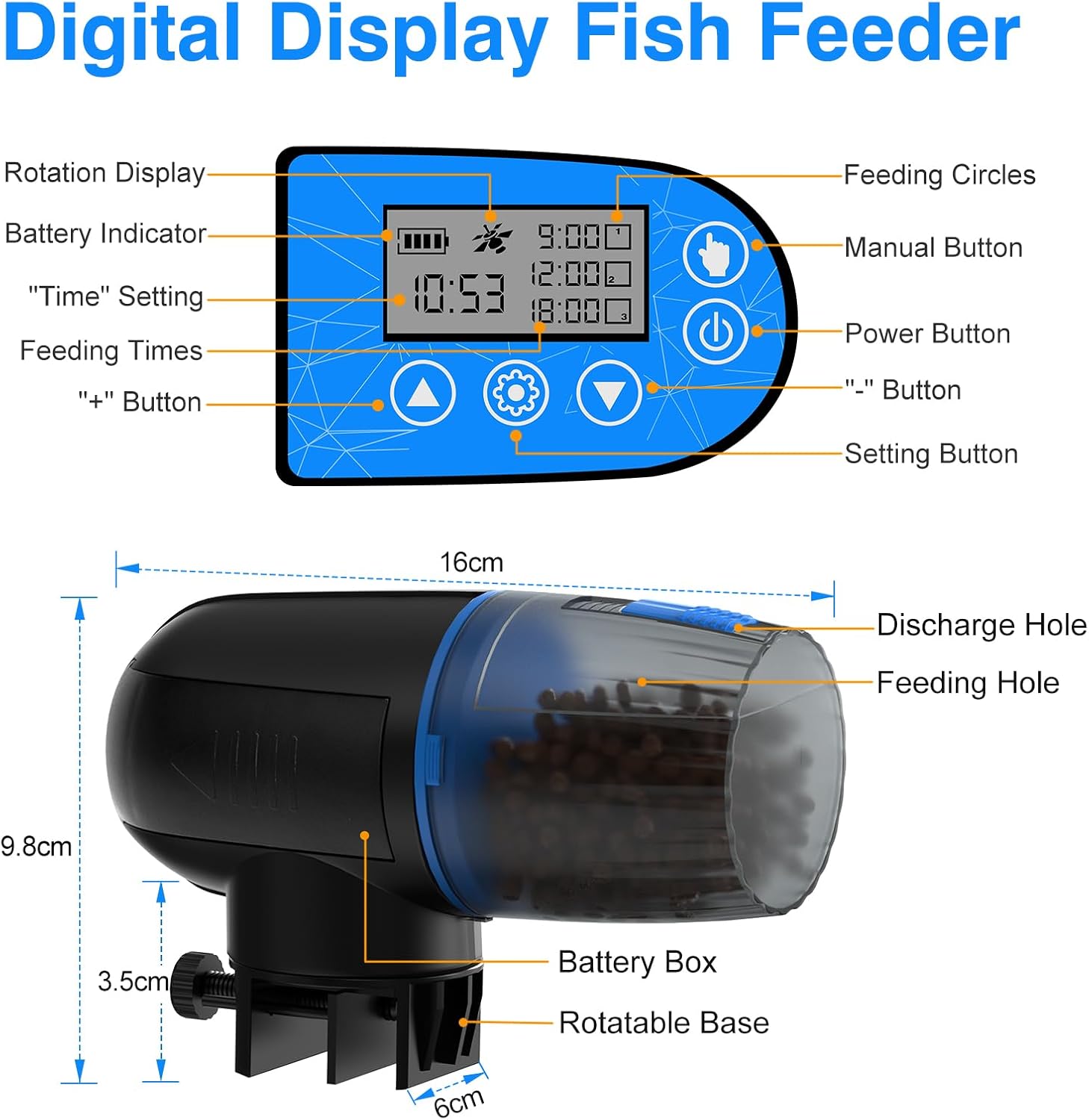 Digital display fish feeder with labeled parts and dimensions at Pet Servo