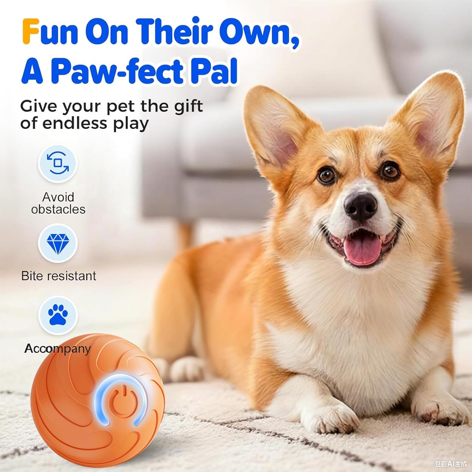 Dog lying on a carpet with an orange toy, text about pet toys, and brand logo at Pet Servo