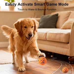 Dog playing with a toy in a living room with text about smart game mode at Pet Servo
