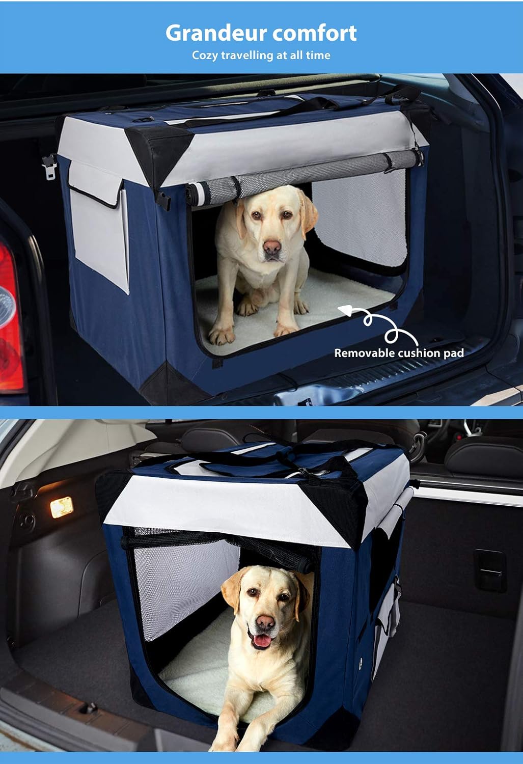 Dog in a portable pet travel crate with a removable cushion pad in a car at Pet Servo