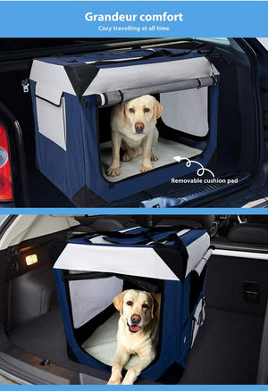 Dog in a portable pet travel crate with a removable cushion pad in a car at Pet Servo