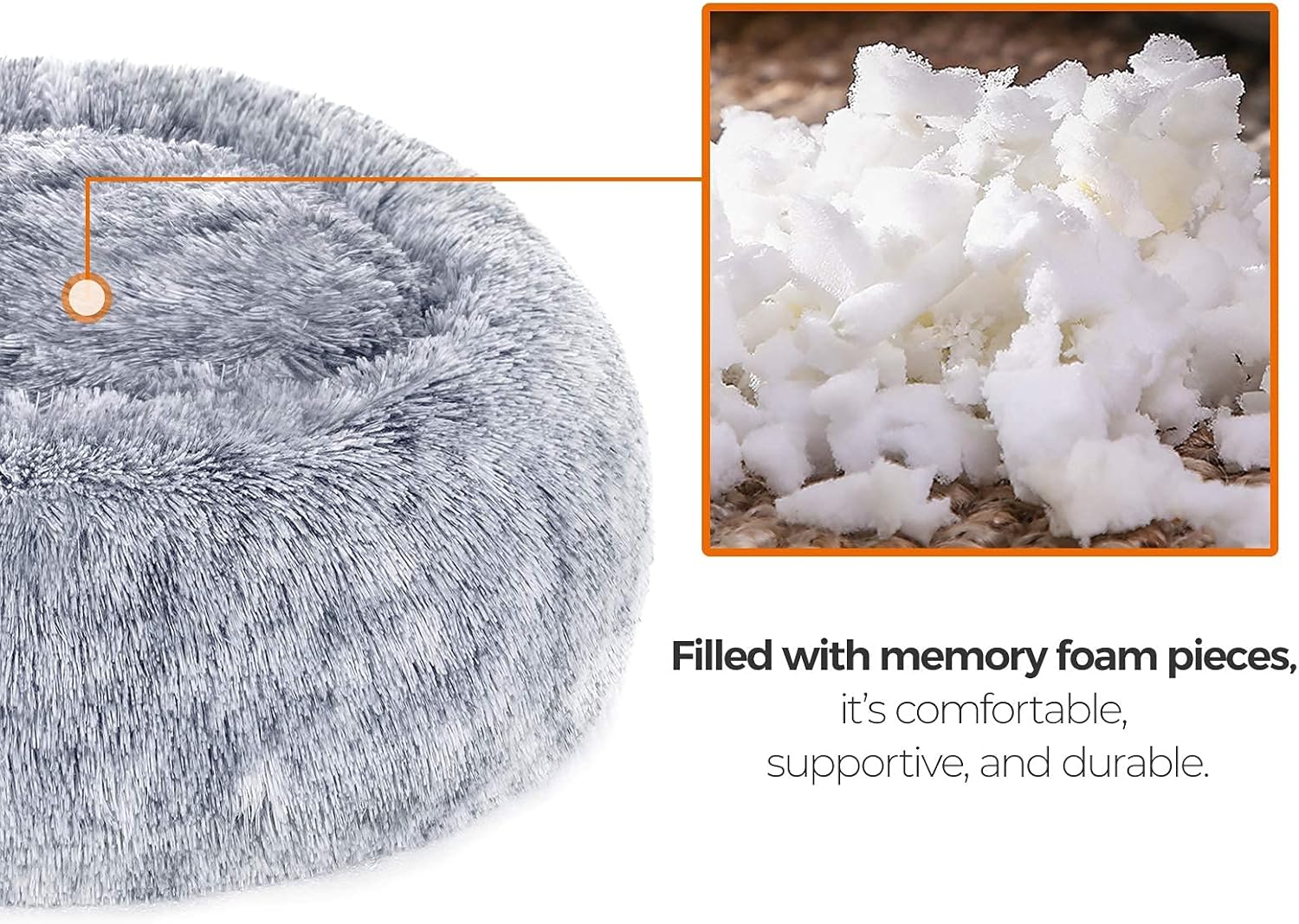 Gray fluffy pet bed with close-up of memory foam pieces and text describing comfort and support at Pet Servo