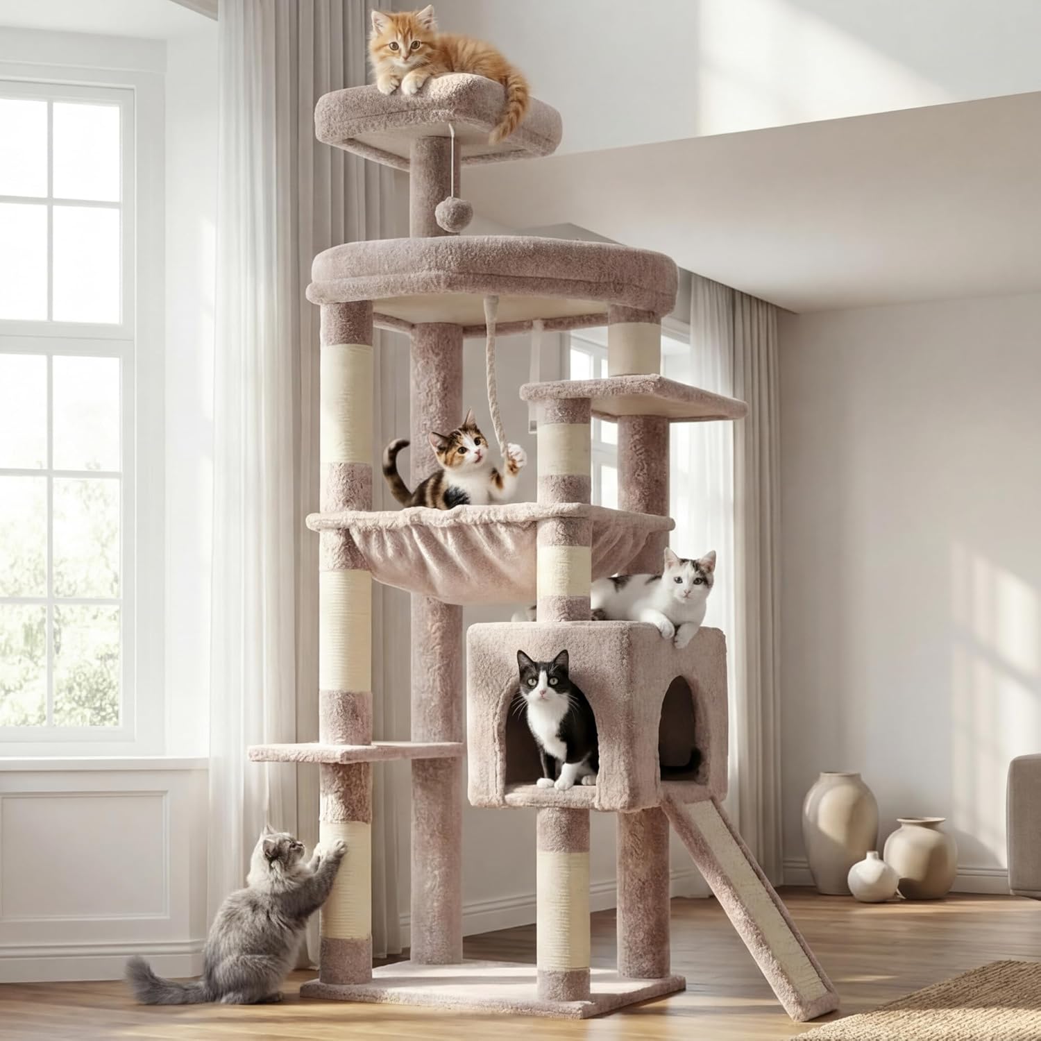 Cat tree with multiple cats on different levels in a bright room at Pet Servo