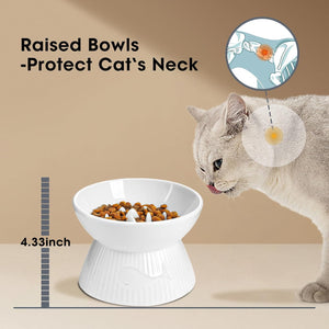 Cat eating from a raised white bowl with text indicating it protects the cat's neck, on a beige background at Pet Servo
