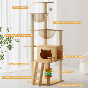 Wooden cat tree with various features labeled in a room setting at Pet Servo